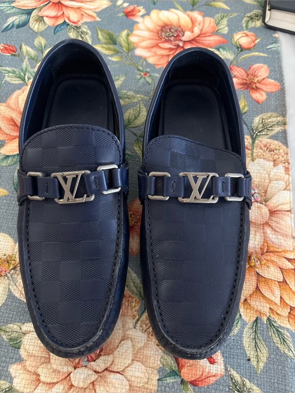 Louis Vuitton Men’s Navy Checkered Leather Loafers with LV Buckle